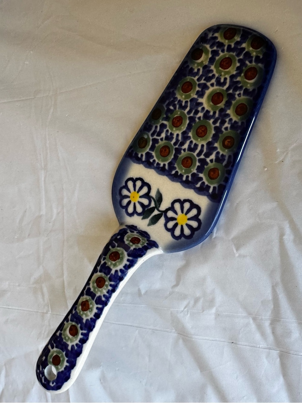 Polish Pottery Floral Ceramic Cake Server in Blue and White